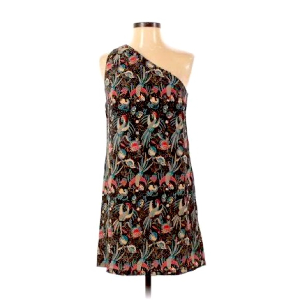 French Connection Silk One Shoulder Navy Bird Print Dress